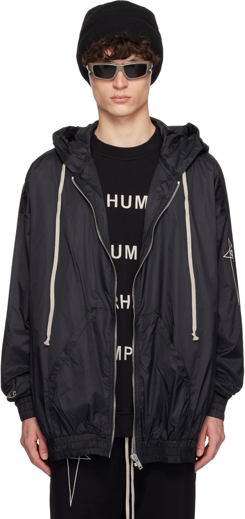 Vindjacka Rick Owens Rick Owens Champion Edition Jumbo Jason's Hoodie Svart | CM01E1661 CHNY NYLON