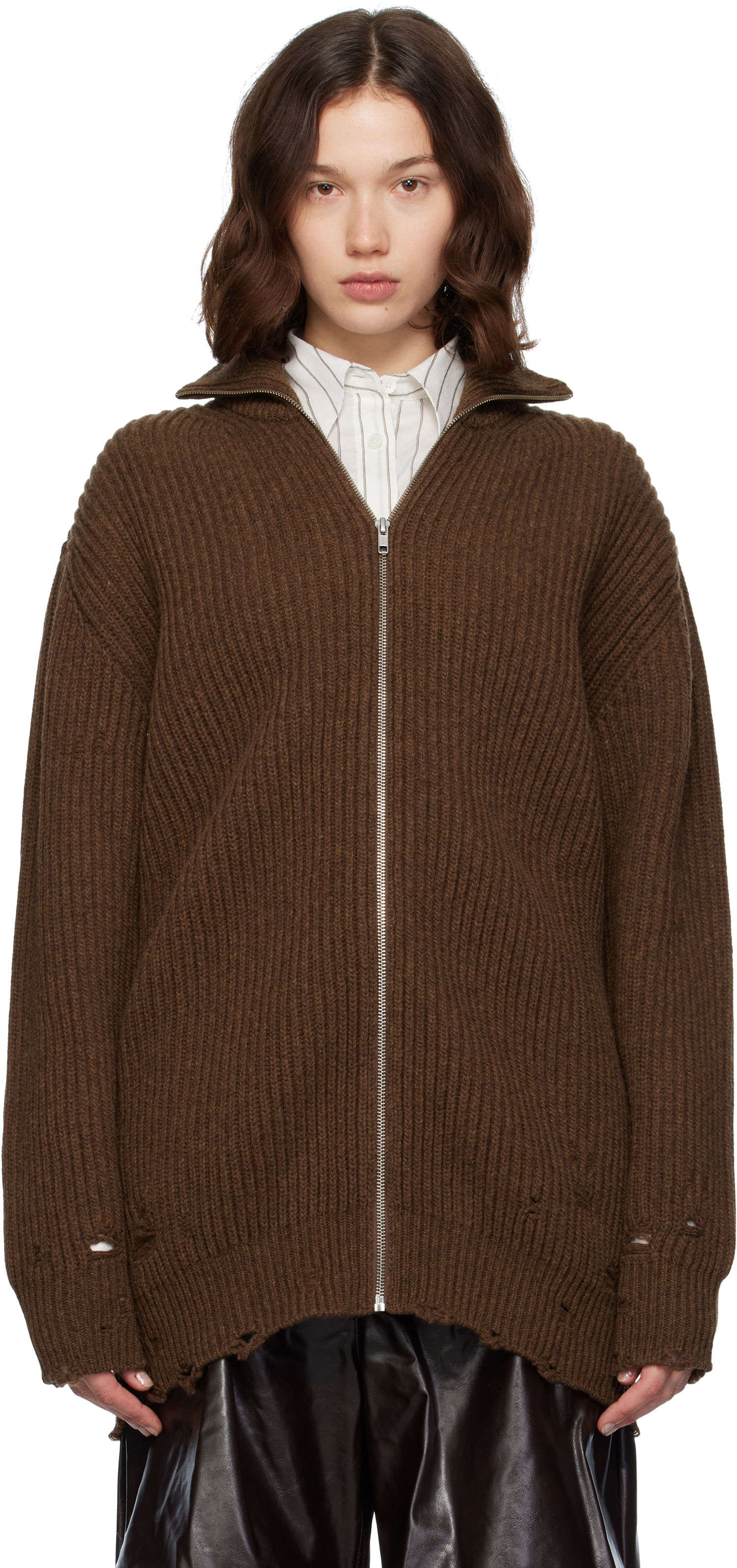Sweater Maison Margiela MM6 Maison Margiela Ribbed Knit Zip-Up Sweater Brun | S52AM0322 M13138, 0
