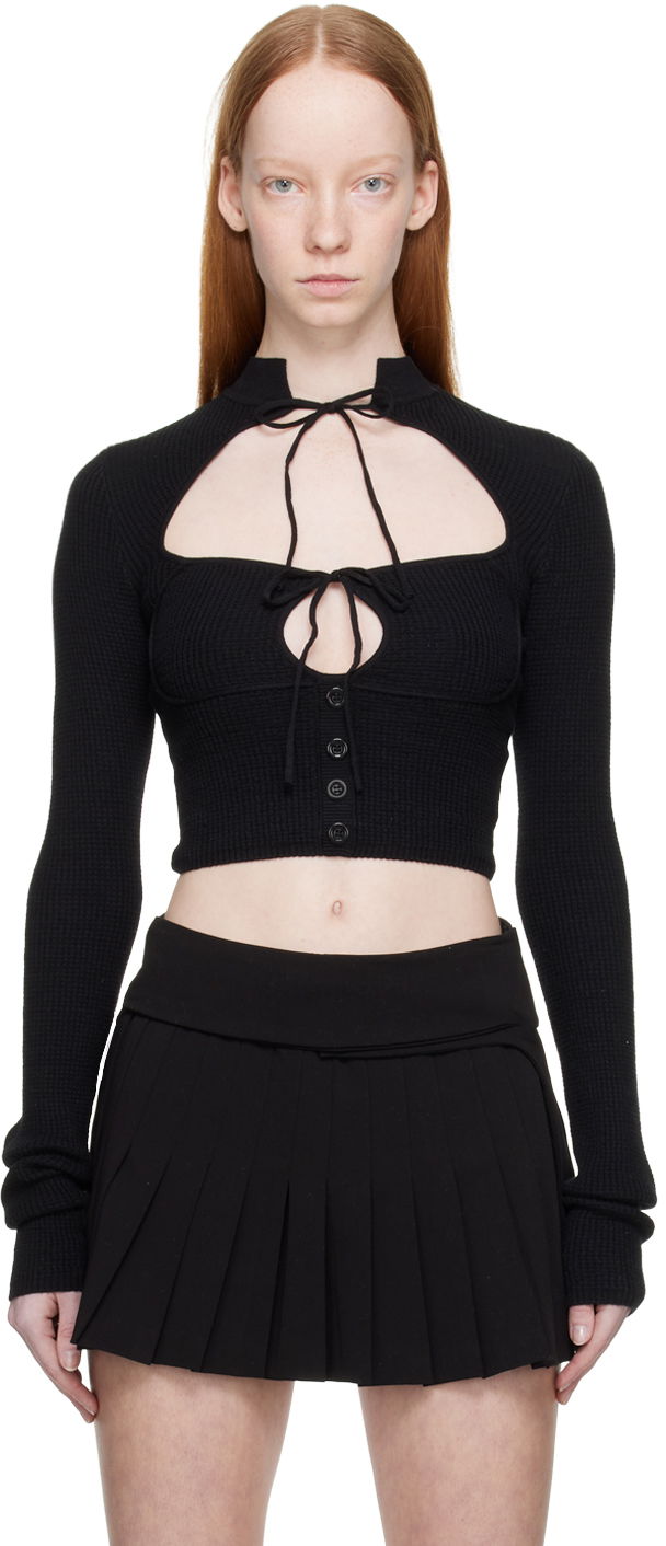 Crop top GUIZIO Guizio Long Sleeve Tie-Front Cropped Top Svart | DGF21B909