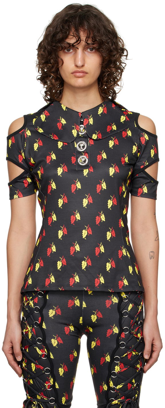 Polotröja Chopova Lowena Leaf Print Cut-Out Polo Svart | 2162