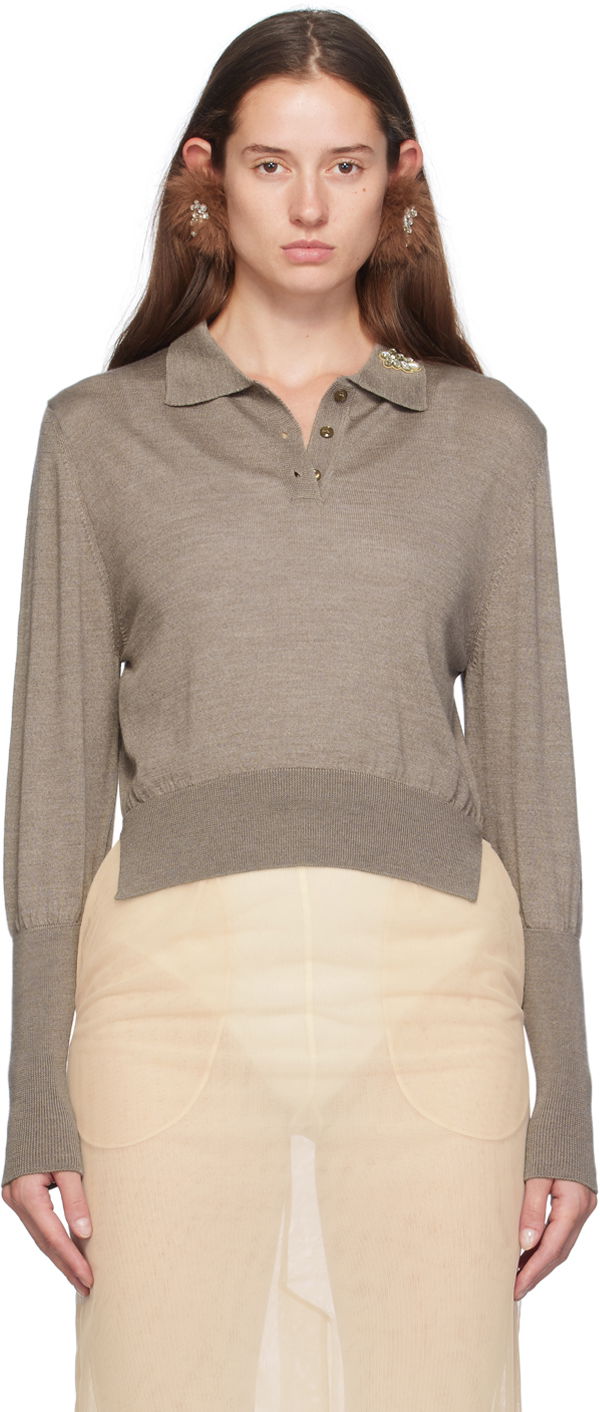 Polotröja Simone Rocha Simone Rocha Merino Silk Knit Long Sleeve Polo Brun | KMK4B 0647