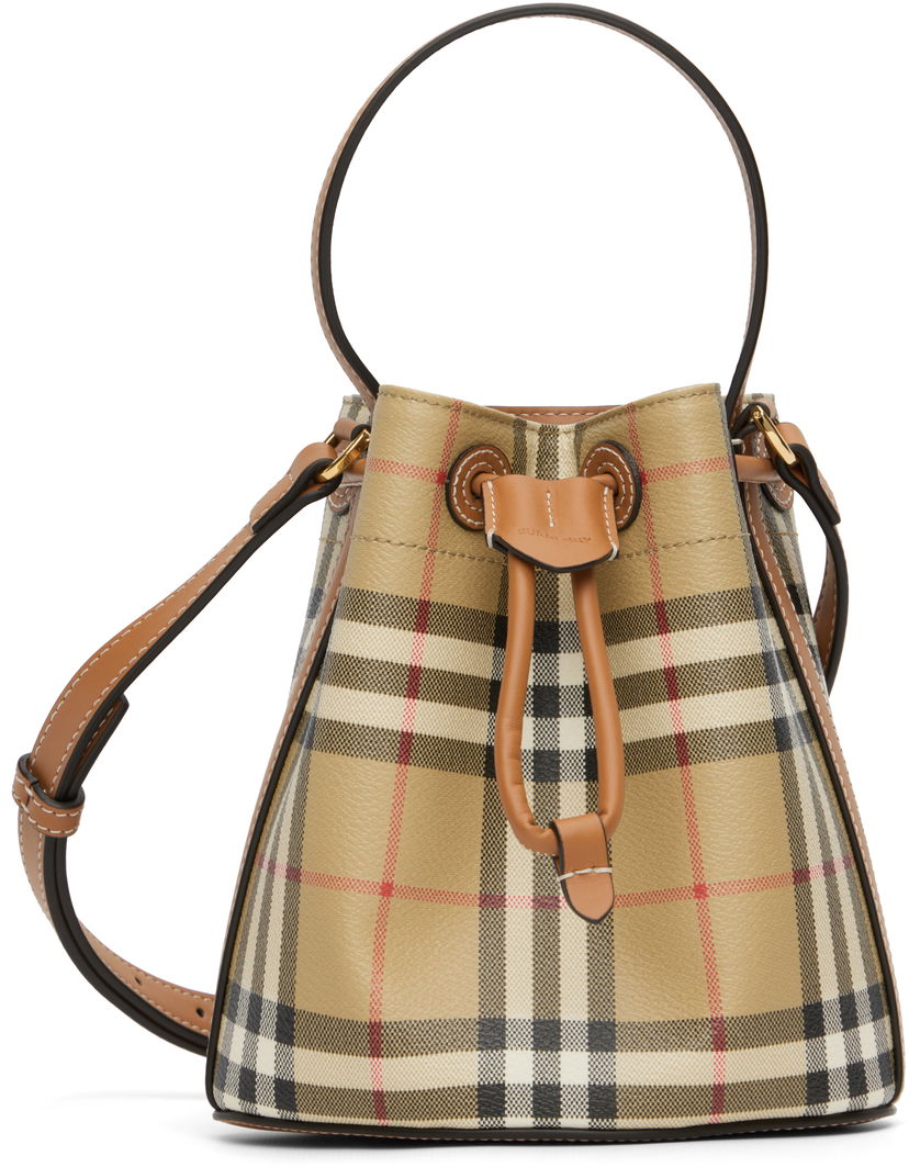 Handväska Burberry Burberry Vintage Check & Leather Drawstring Bucket Bag Beige | 8109794