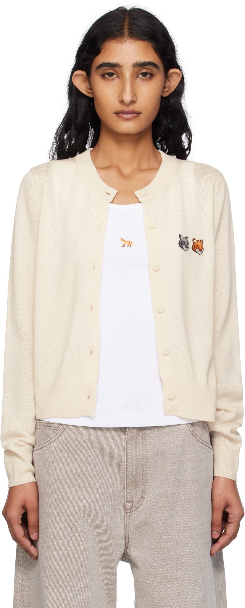 Sweater MAISON KITSUNÉ Maison Kitsuné Double Fox Head Patch Cardigan Beige | OW051CFKT1036