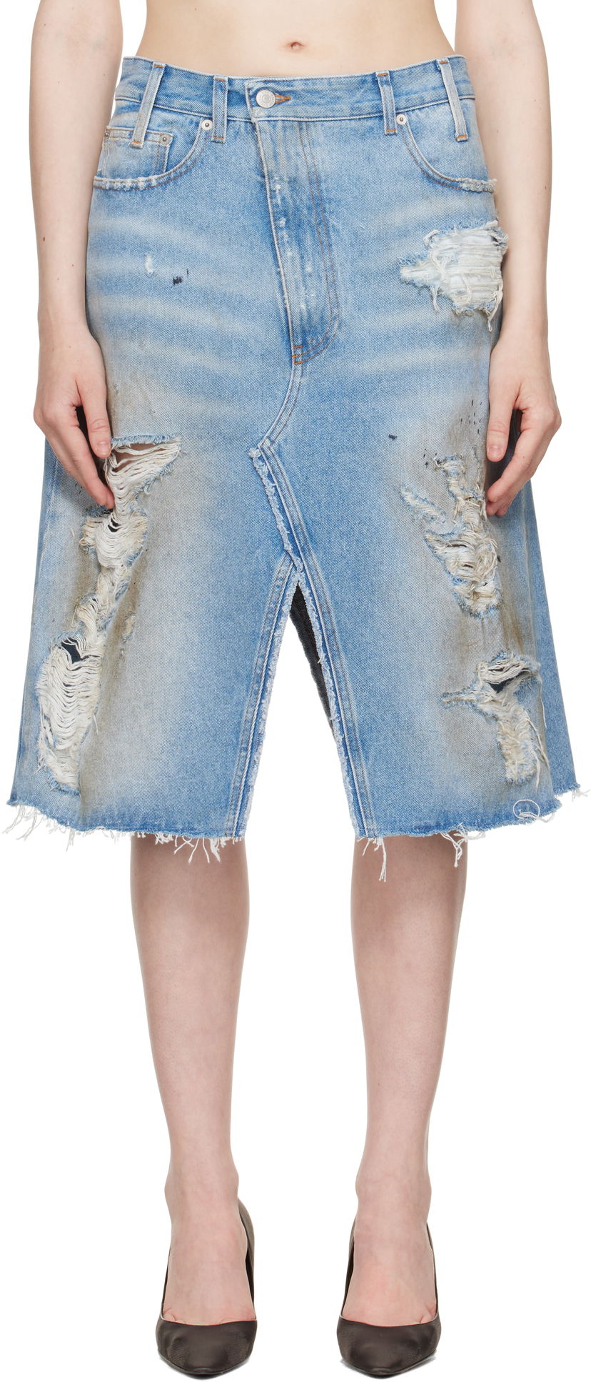 Kjol Maison Margiela MM6 Maison Margiela Distressed Denim Midi Skirt Blå | S62MI0034 M30018