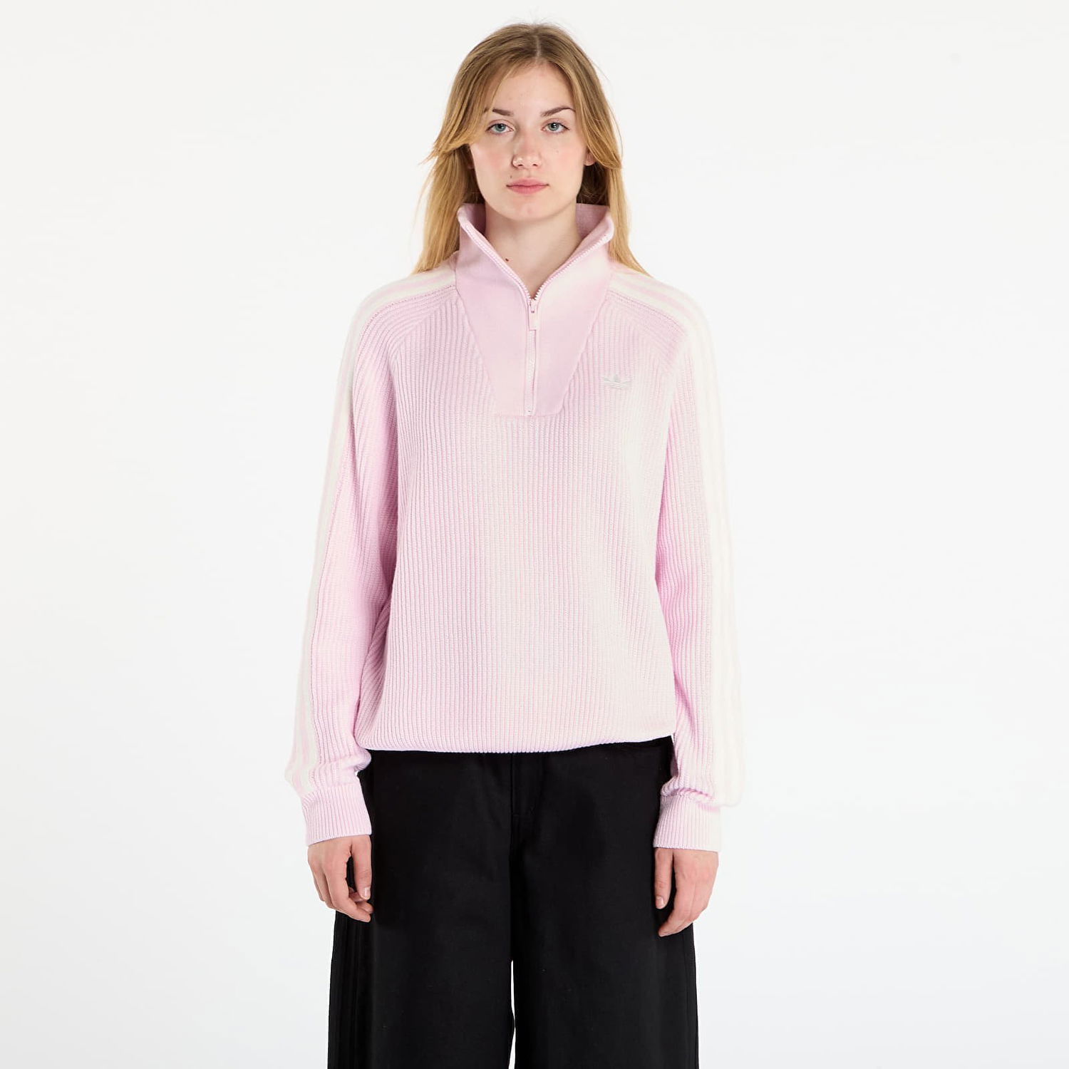 Sweater adidas Originals Ribbed Knit Quarter-Zip Funnel Neck Sweater with Three Stripes Rosa | KS7785, 0