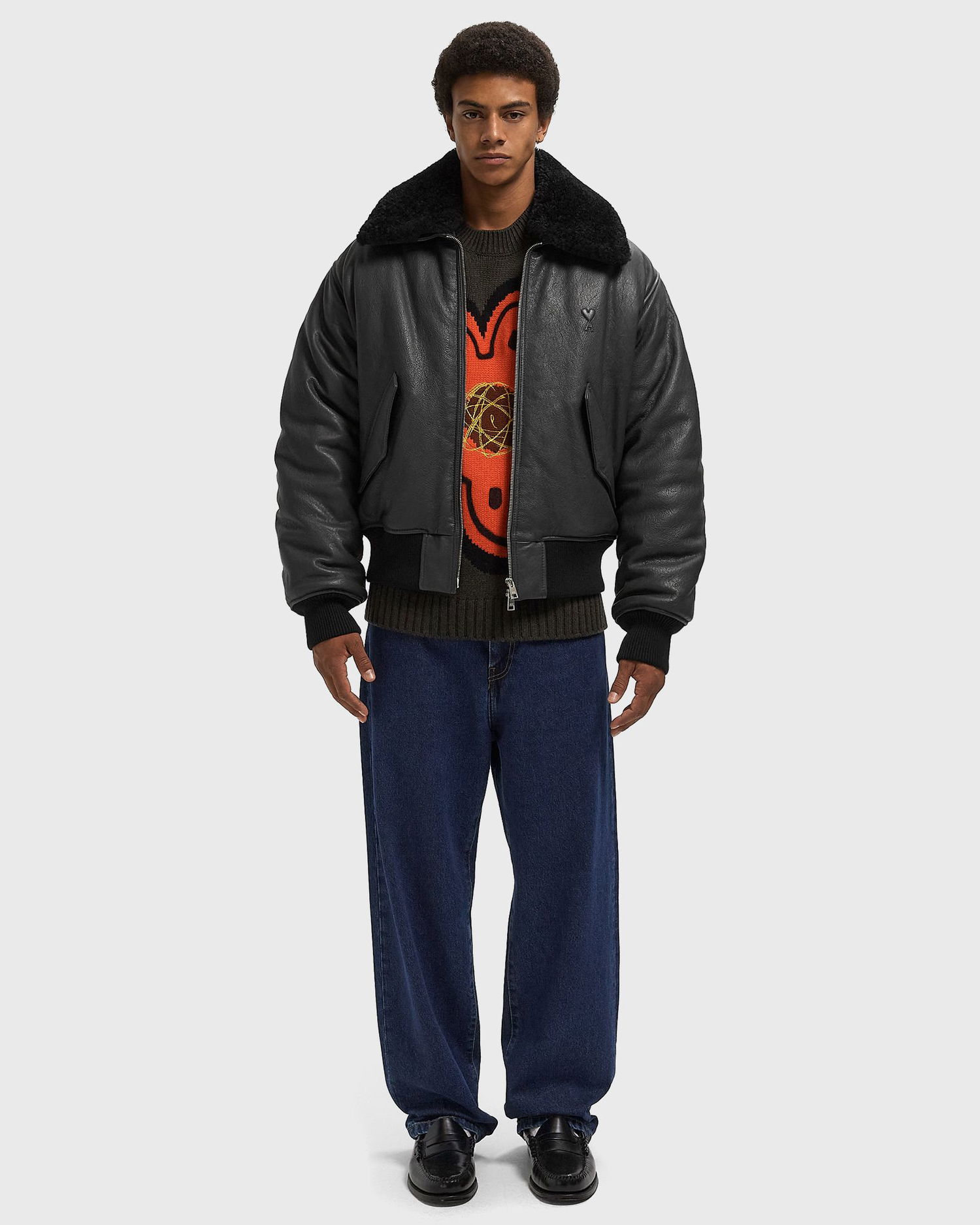 Bomberjacka AMI Leather Bomber Jacket with Shearling Collar Svart | HJK857.LH0044-020, 1