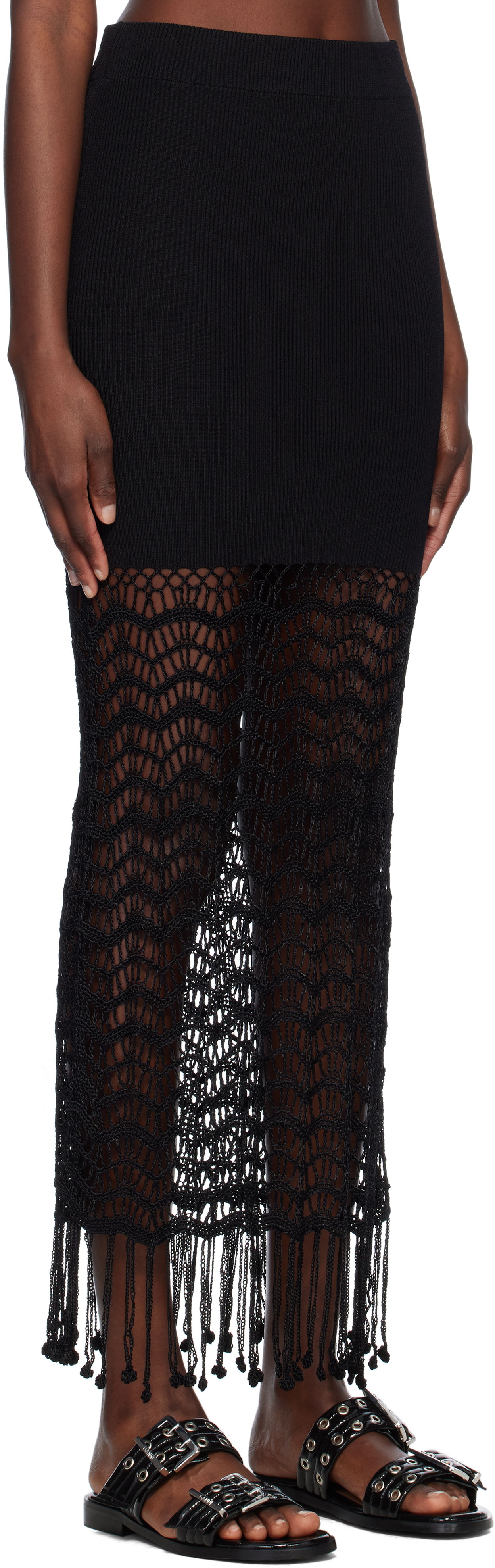 Kjol GANNI GANNI Crochet Maxi Skirt with Fringe Svart | K2435, 1