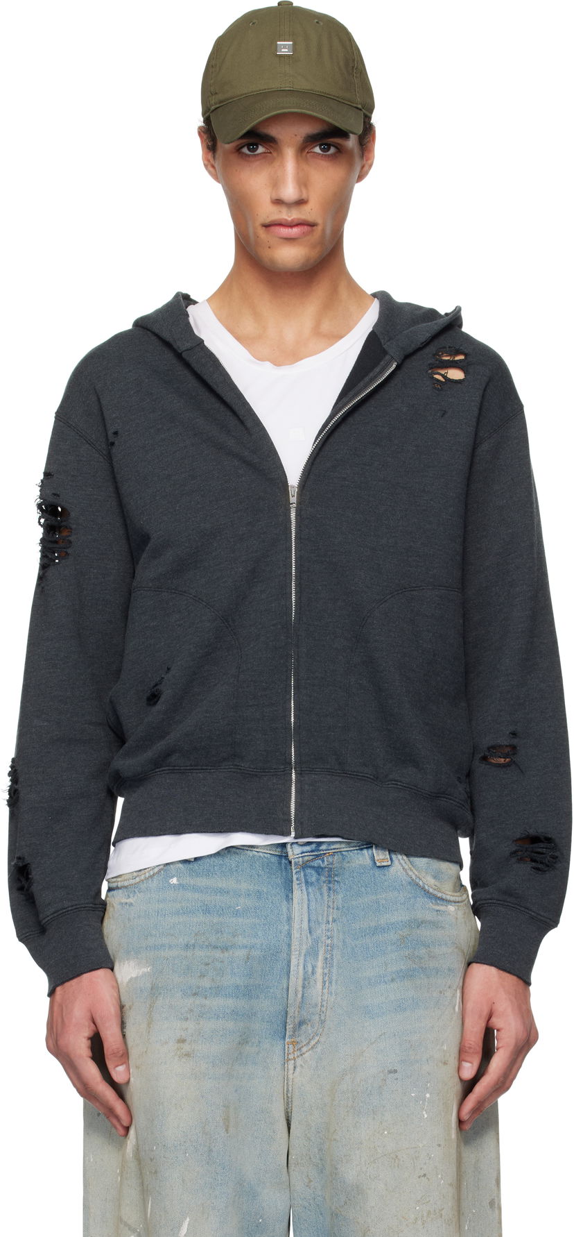 Sweatshirt Acne Studios Acne Studios Distressed Zip-Up Hoodie Grå | CI0183-