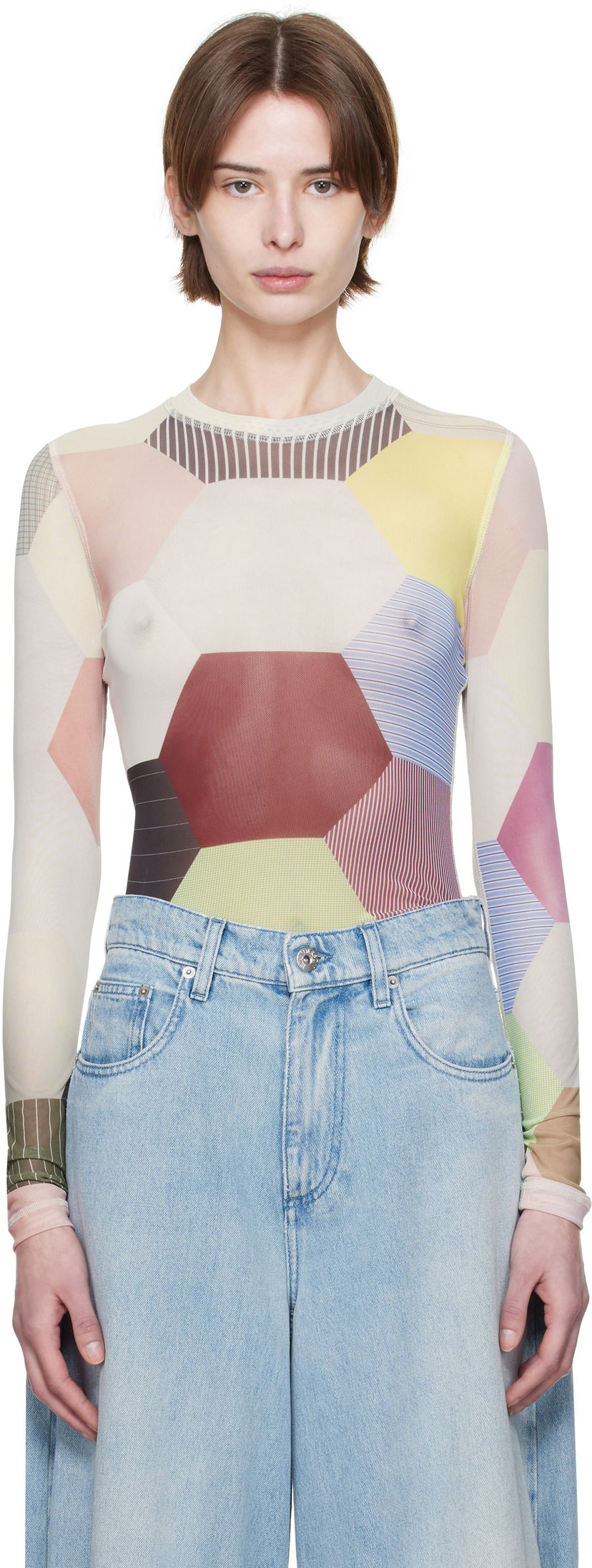 Kropp JW Anderson JW Anderson Patchwork Print Sheer Long Sleeve T-Shirt Flerfärgad | JO0138-PG1722