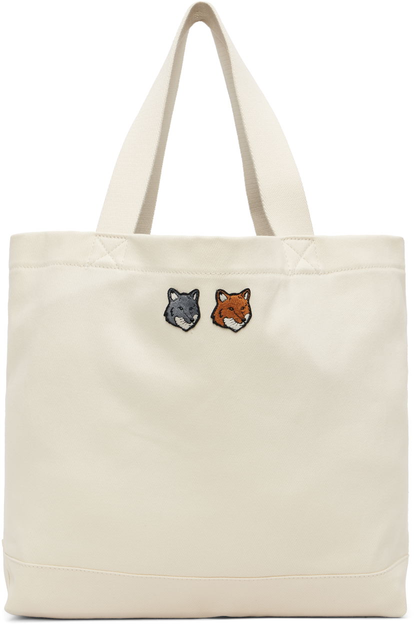 Tygpåse MAISON KITSUNÉ Maison Kitsuné Double Fox Head Tote Bag Vit | OW511CFWW0096