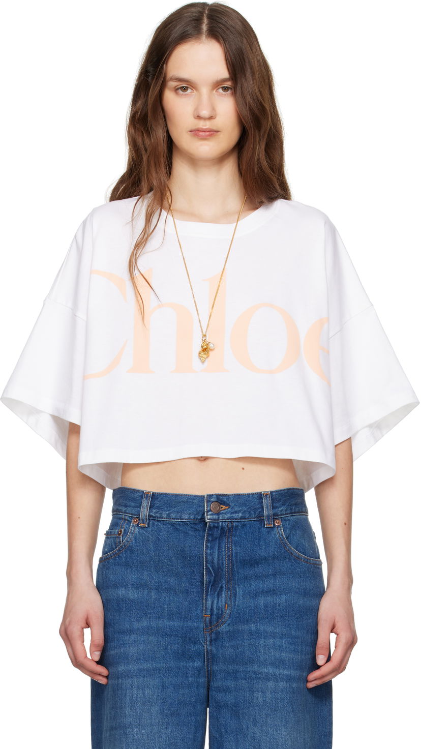 Crop top CHLOÉ Chloe Oversized Cropped Logo T-Shirt Vit | CH25UJH09183