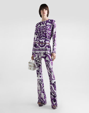 Byxor Dolce & Gabbana Dolce & Gabbana Majolica-Print Flared Viscose Trousers Purpur | FTDB6TFS8C0IP3TN, 1