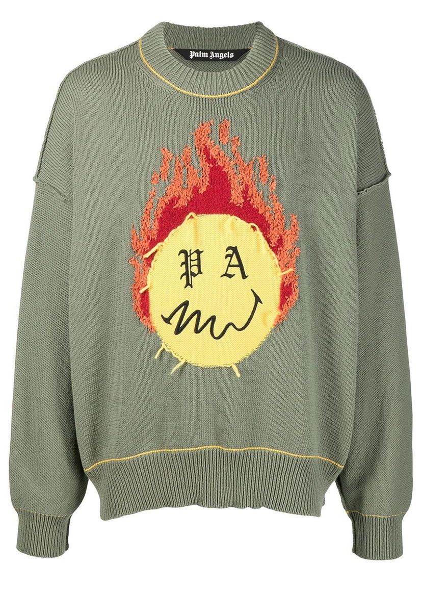 Sweatshirt Palm Angels Smiley Intarsia Burning Head Knitted Crewneck Green Yellow Grön | PMHE007R21KNI0015618
