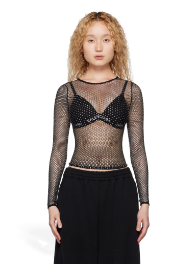 T-shirt Balenciaga Crystal Long Sleeve Svart | 744999 3D2B4