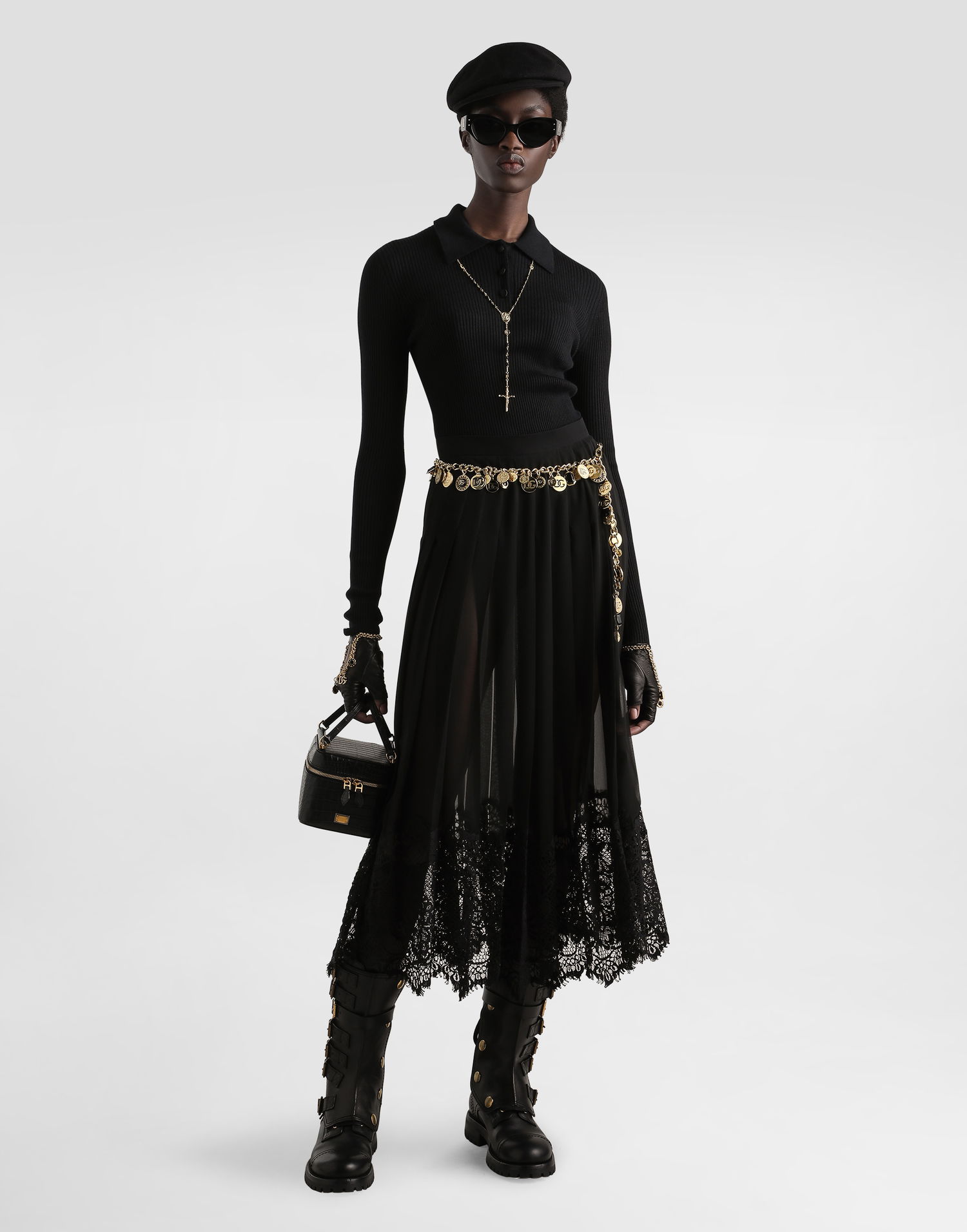 Kjol Dolce & Gabbana Dolce & Gabbana Pleated Chiffon Midi Skirt with Lace Trim Svart | F4C6ATFUSNWN0000, 1