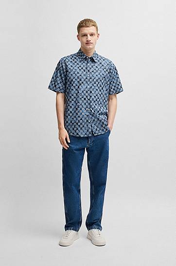 Skjorta BOSS Regular Fit Printed Cotton Poplin Shirt Blå | 50537372, 1