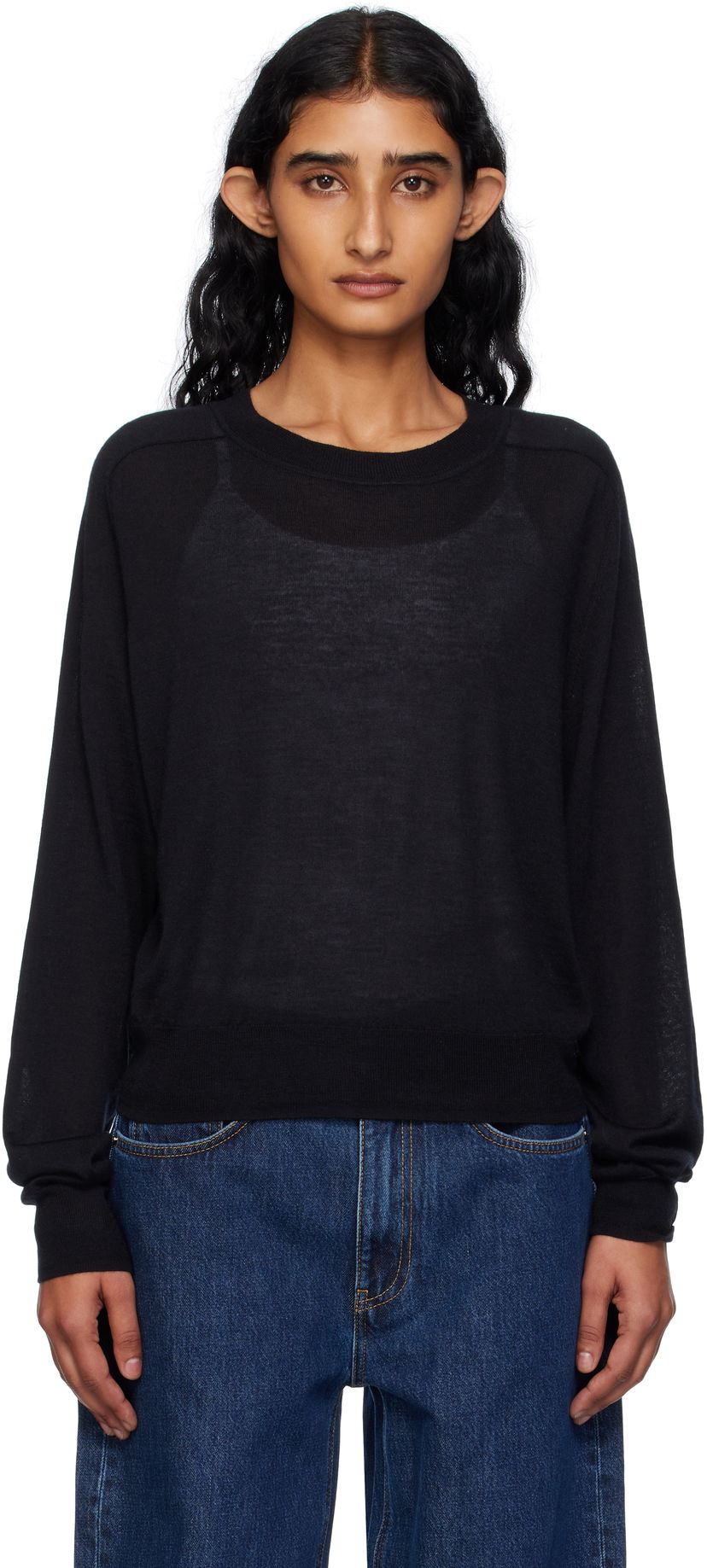 Sweater Loulou de Saison Loulou de Saison Angus Cashmere Crew Neck Sweater Svart | ANGUS