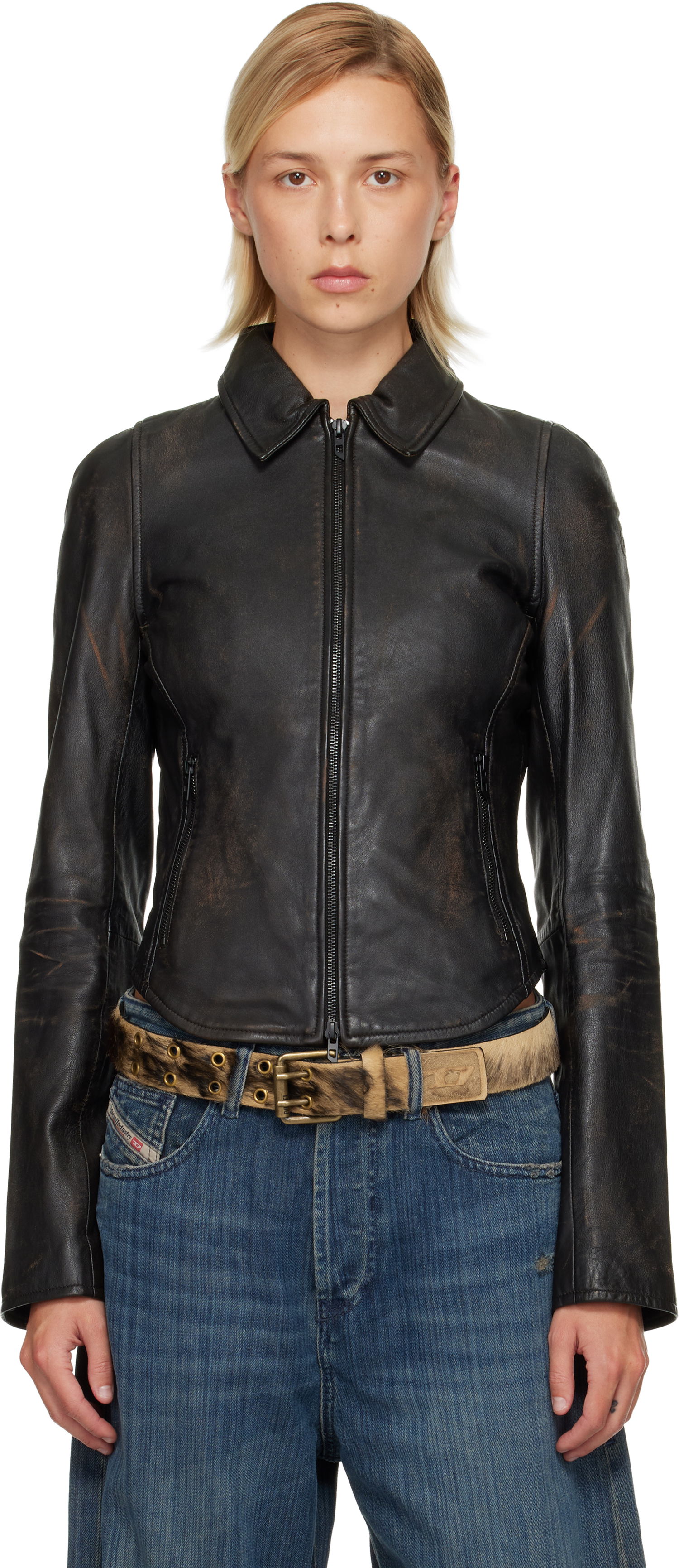 Jacka Diesel L-Egrad Distressed Leather Jacket Svart | A19596 0ILBS, 0