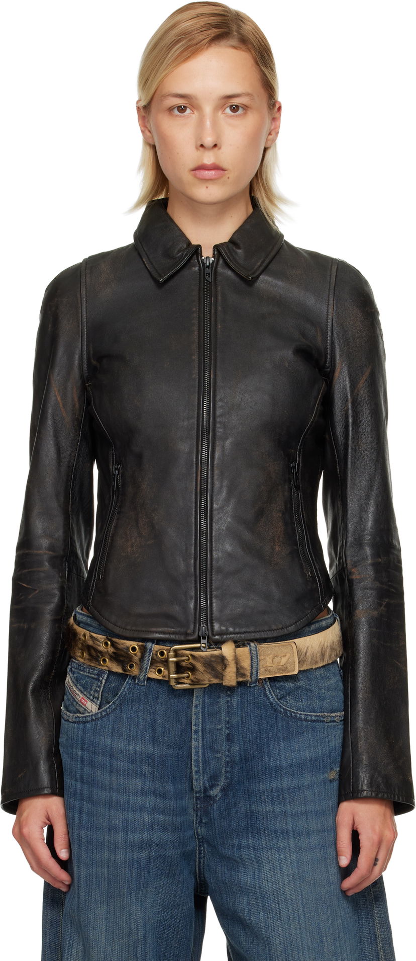 Jacka Diesel L-Egrad Distressed Leather Jacket Svart | A19596 0ILBS