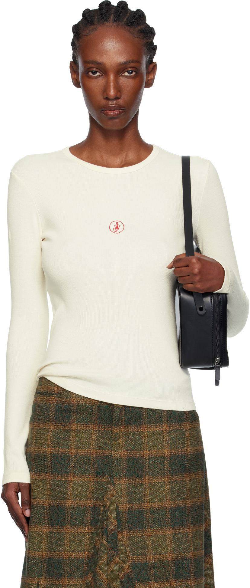 T-shirt JW Anderson Anchor Embroidery Long-sleeve Ribbed Underpinning T-shirt Vit | JO0276-PG1846