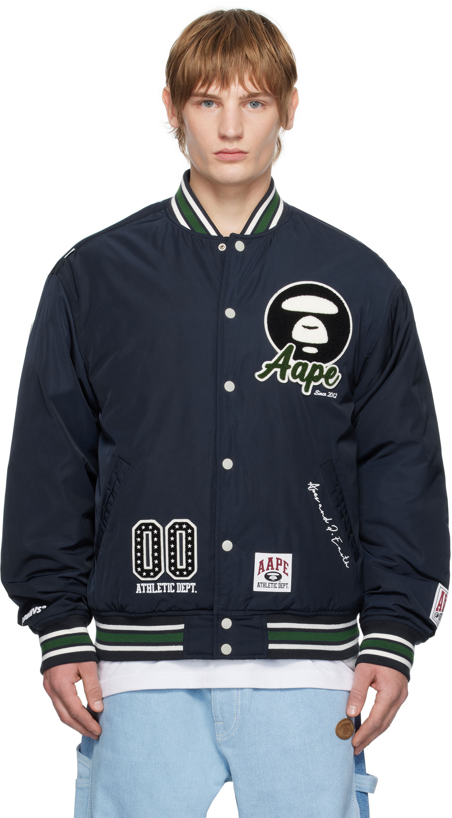 Bomberjacka AAPE by A Bathing Ape AAPE By A Bathing Ape Moonface Logo Varsity Jacket Mörkblå | AAPJKM7676XXNNYD, 0