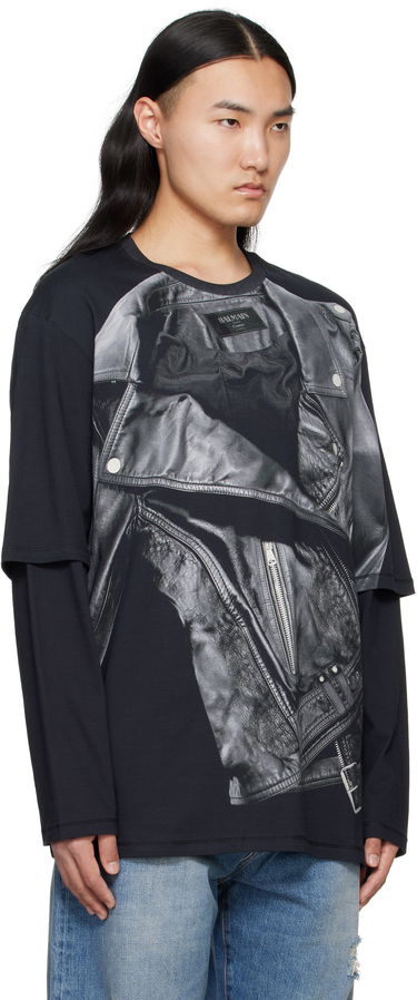 T-shirt Balmain Balmain Long Sleeve Biker Jacket Graphic T-Shirt Svart | EH1EM016GE40, 1