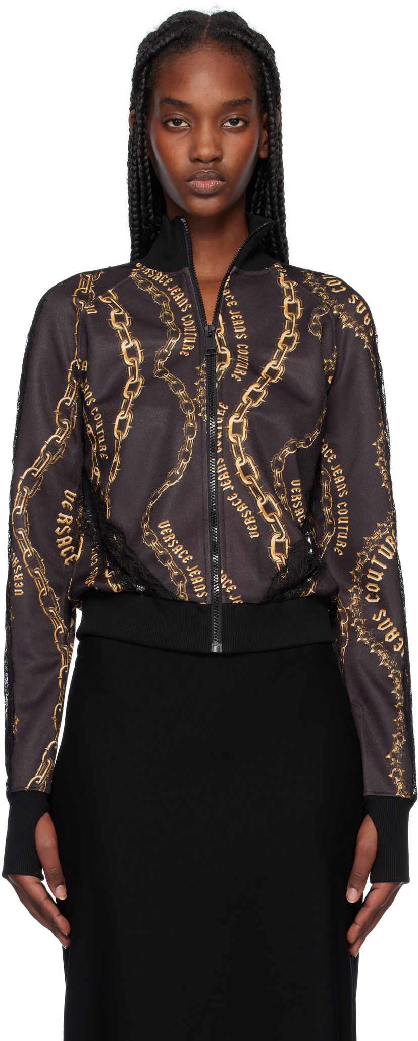 Bomberjacka Versace Black & Gold Chain Couture Lace Zip Sweatshirt Svart | E77HAI301_EFS156