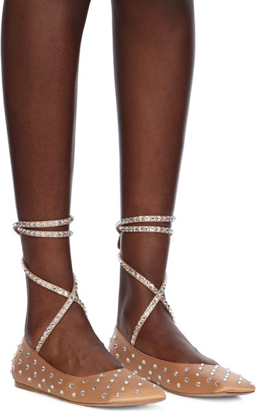 Klä Amina Muaddi Amina Muaddi Ane Crystal Lace Up Ballerina Flats Beige | ANE CRYSTAL LACE UP FLAT SATIN, 3