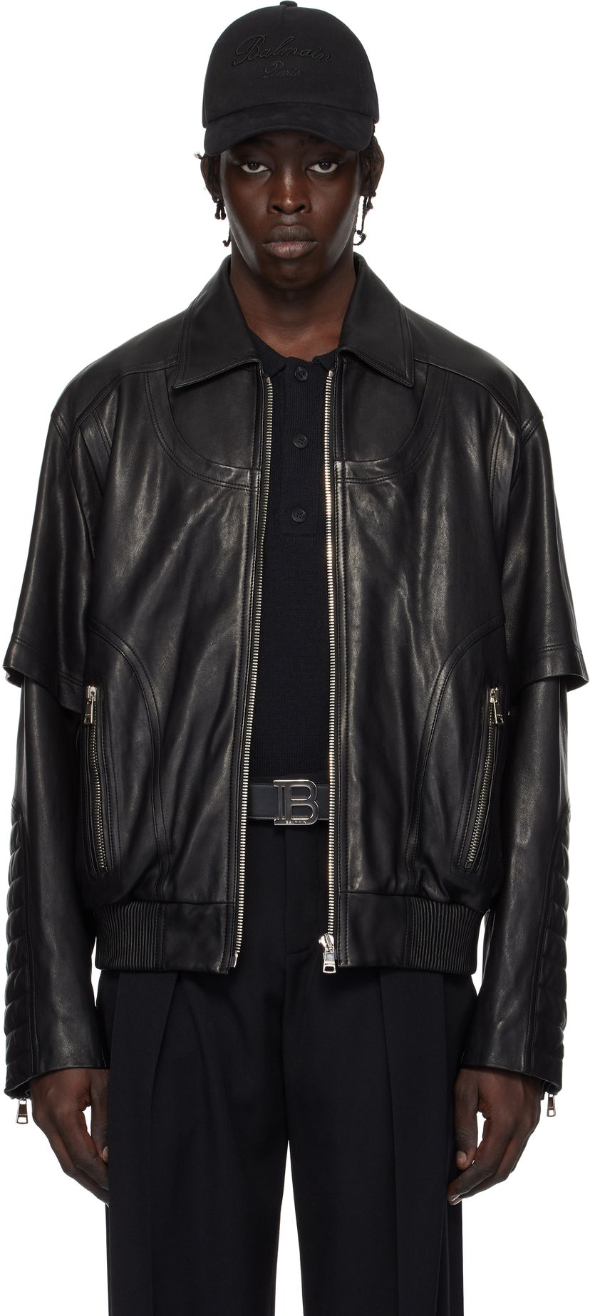 Bomberjacka Balmain Balmain Layered Leather Jacket Svart | EH1TF936LC62
