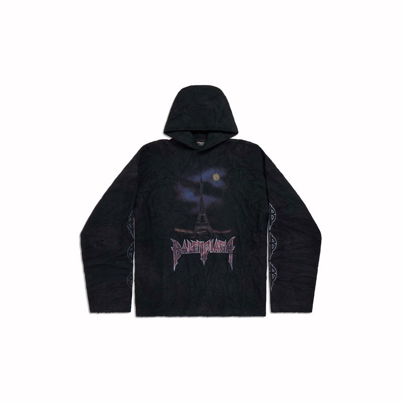 Sweatshirt Balenciaga Paris Moon Crinkled Hoodie Svart | 744435TOVJ41000