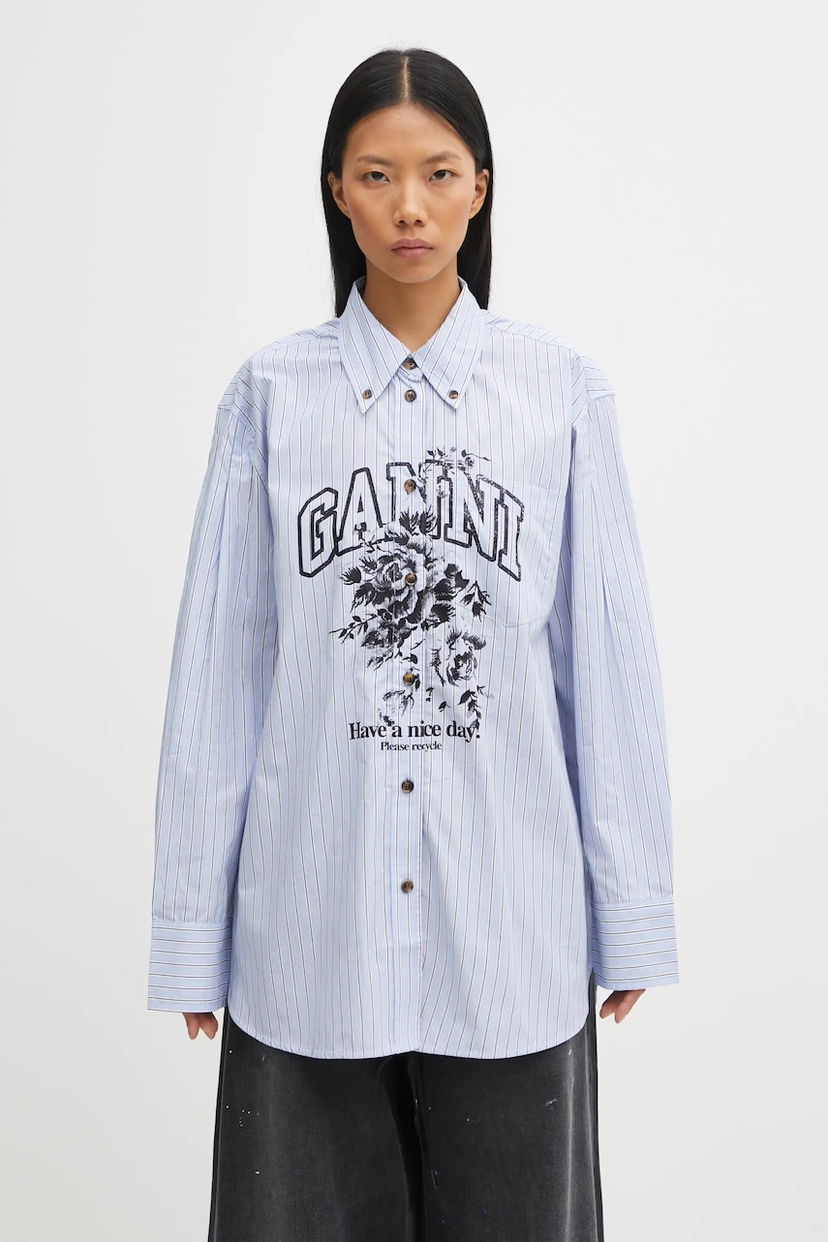 Skjorta GANNI Stripe Cotton Oversized relaxed classic collar shirt Blå | W0826