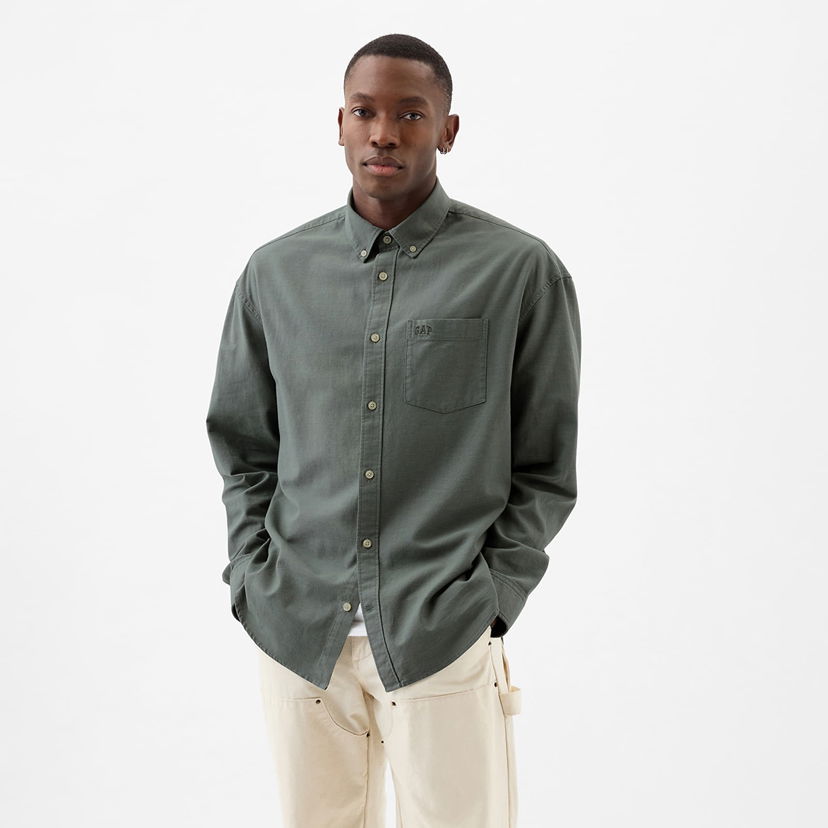 Skjorta GAP Longsleeve Standard-Fit Oxford Logo Shirt Laurel Wreath Green 17-6 Grå | 887258-03