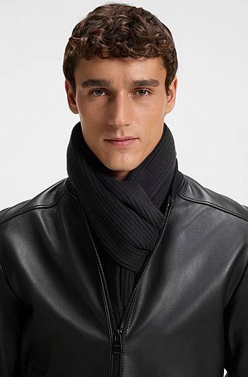 Halsduk BOSS Ribbed Cotton-Blend Scarf with Logo Detail Svart | 50522441, 1