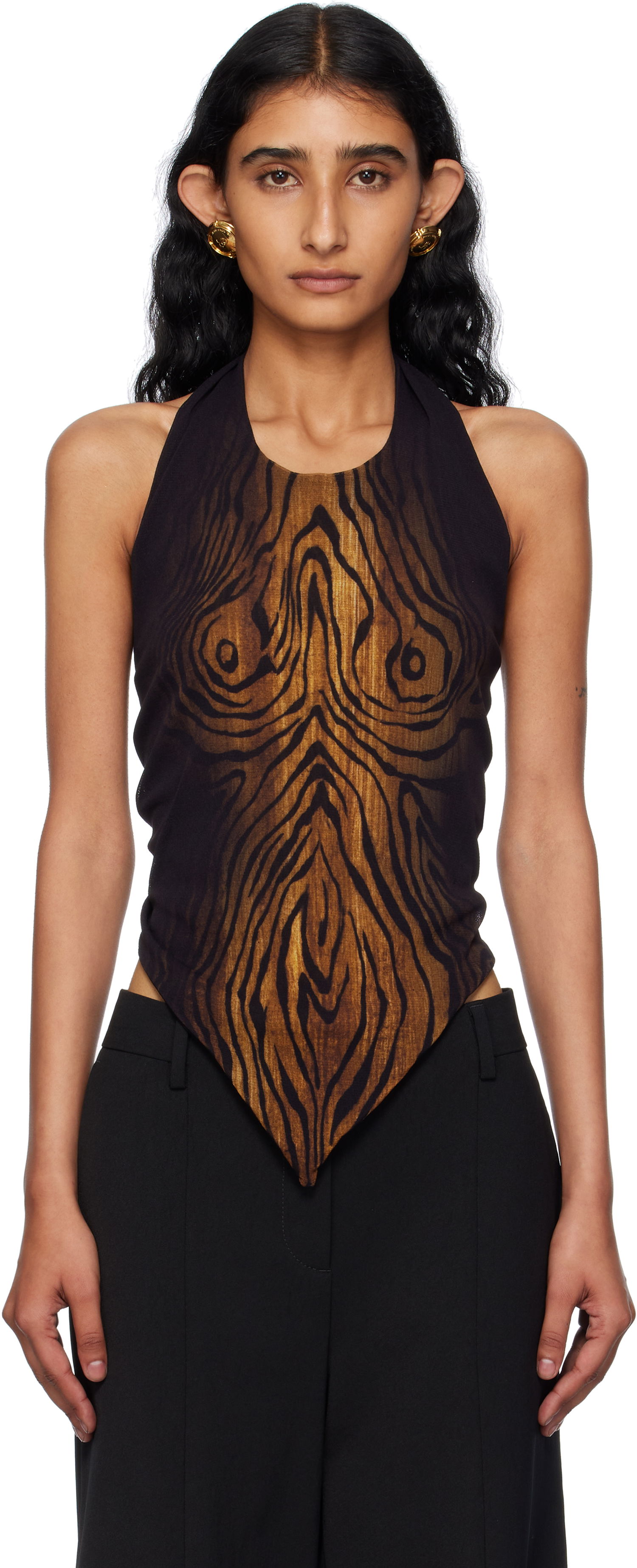 Linne Jean Paul Gaultier Jean Paul Gaultier Scarf Print Wood Halter Top Svart | 25/03-W-TO316-M002P-0060, 0