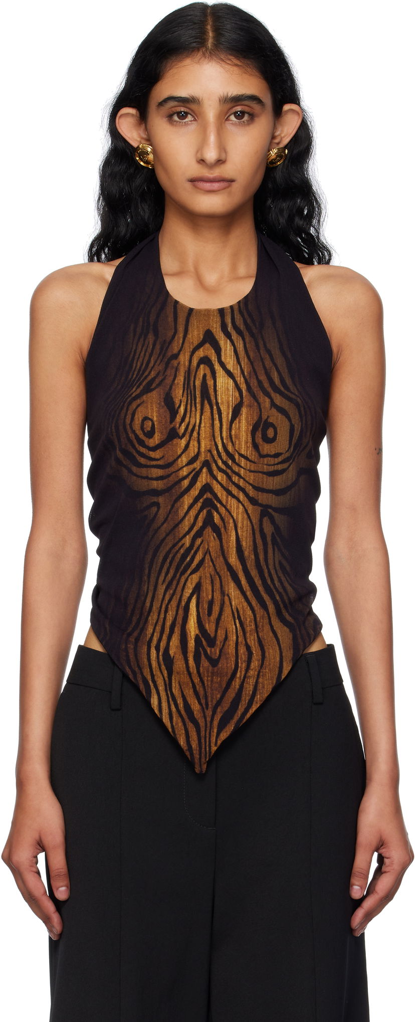 Linne Jean Paul Gaultier Jean Paul Gaultier Scarf Print Wood Halter Top Svart | 25/03-W-TO316-M002P-0060