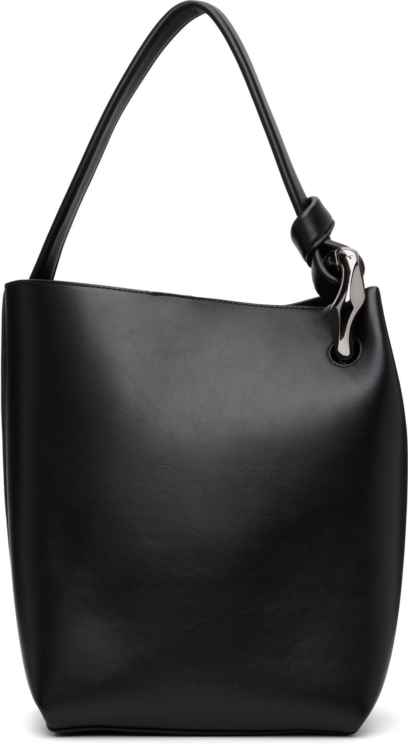 Axelväska JW Anderson Corner Bucket Leather Shoulder Bag with Knot Detail and Sculptural Hardware Svart | HB0738-LA0232
