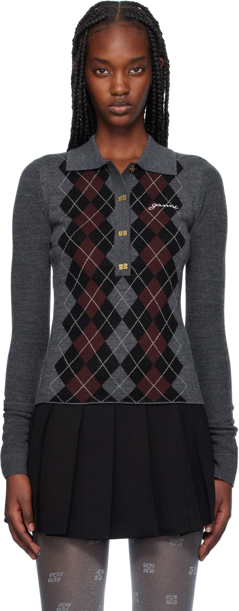Polotröja GANNI Knitted Argyle Polo Top Grå | K2314