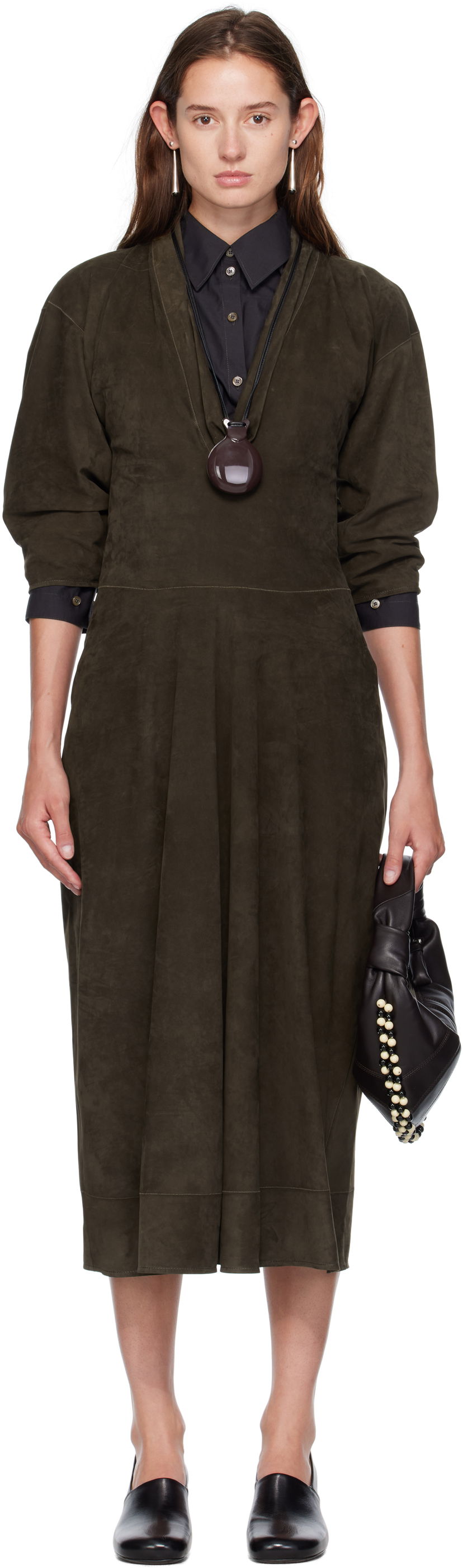 Klä LEMAIRE Lemaire V-Neck Nubuck Midi Dress Grön | DR1122 LL0148