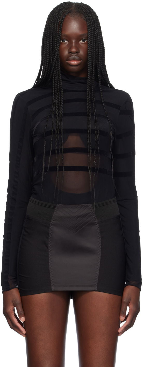 T-shirt Jean Paul Gaultier Jean Paul Gaultier Striped Flocked Semi-Sheer Turtleneck Bodysuit Svart | 24/30-F-BD048I-T004-0000