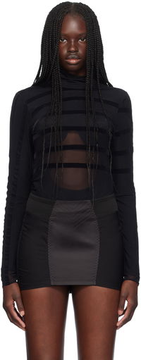 Jean Paul Gaultier Striped Flocked Semi-Sheer Turtleneck Bodysuit