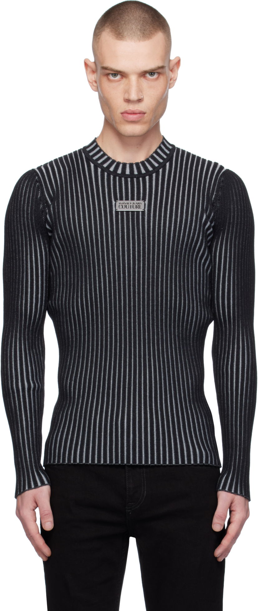 Sweater Versace Slim-Fit Ribbed Logo Sweater Svart | E77GAFM04_ECMN67