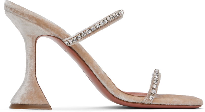 Tillbehör Amina Muaddi Amina Muaddi Gilda Crystal-Embellished Velvet Heeled Sandals Beige | GILDA SLIPPER VELVET