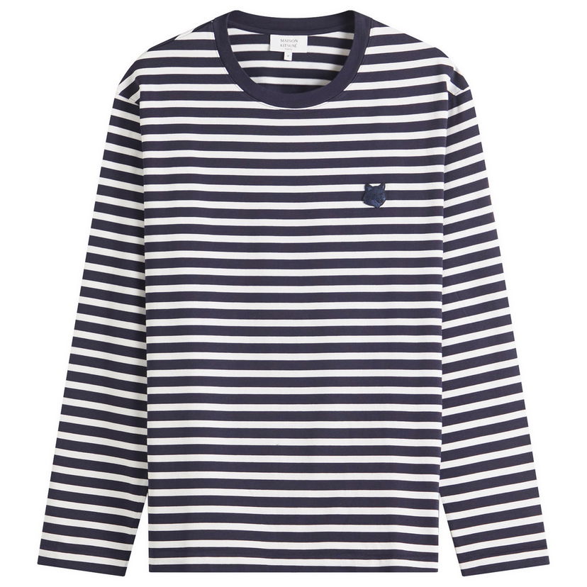 T-shirt MAISON KITSUNÉ Maison Kitsuné Fox Head Patch Mariner Striped Long Sleeve T-Shirt Mörkblå | OM00125KJ0044-S481