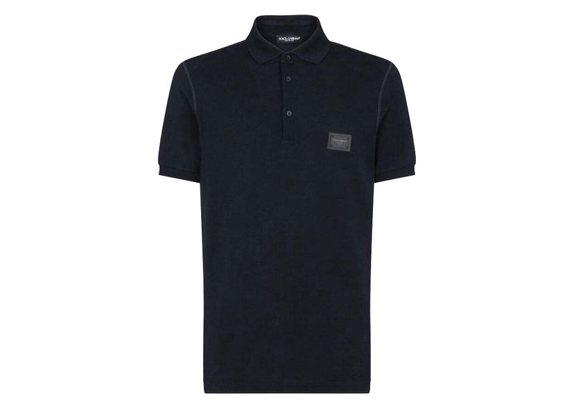 Polotröja Dolce & Gabbana Cotton Pique Branded Plate Polo Shirt Blue Svart | G8KK1TFU7ENB0665