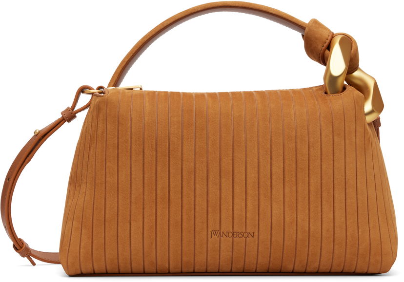 Axelväska JW Anderson The JWA Corner Pleated Suede Shoulder Bag with Sculptural Chain Handle Brun | HB0755-LA0375