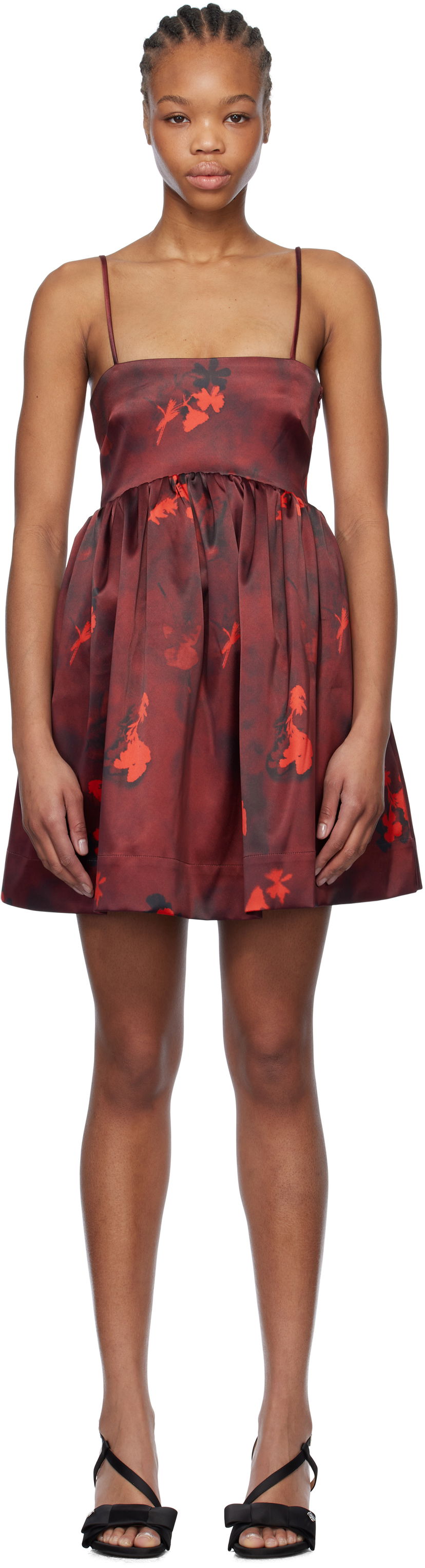 Klä GANNI GANNI Floral Print Satin Strap Mini Dress Röd | W0000