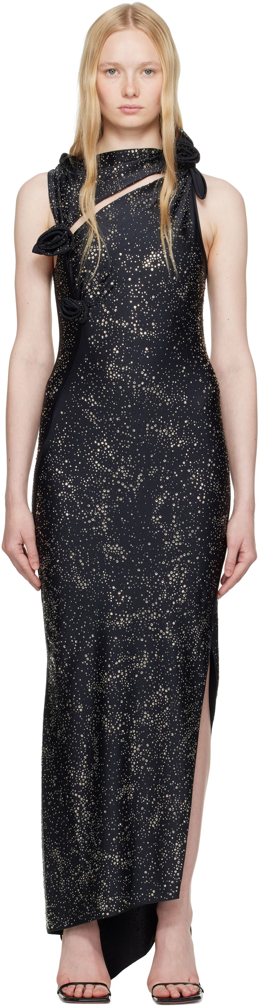 Klä Coperni Coperni Crystal-Embellished Asymmetric Flower Maxi Dress Svart | COPR44CRF5001