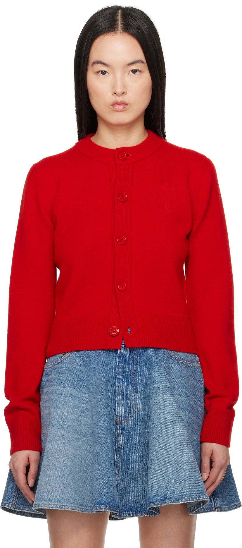 Sweater AMI AMI Paris Ami de Coeur Crewneck Wool Cardigan Röd | FKC171.KN0071