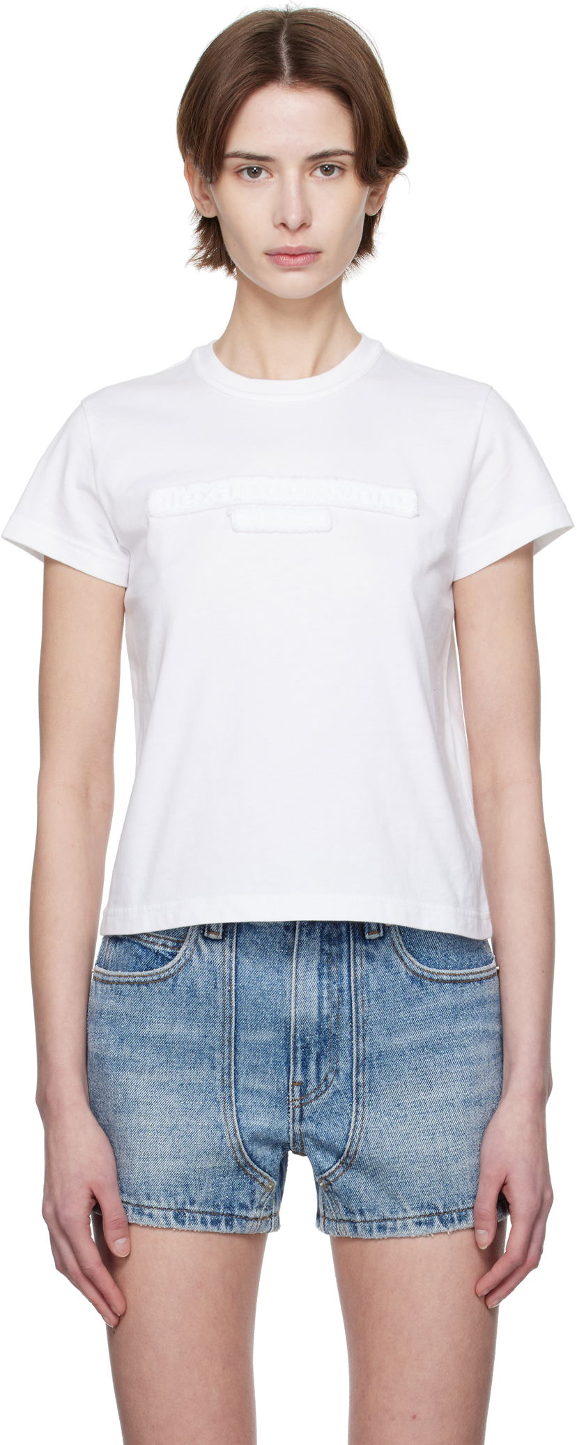 T-shirt Alexander Wang Alexander Wang Distressed Logo Cropped T-Shirt Vit | 1CC1251991
