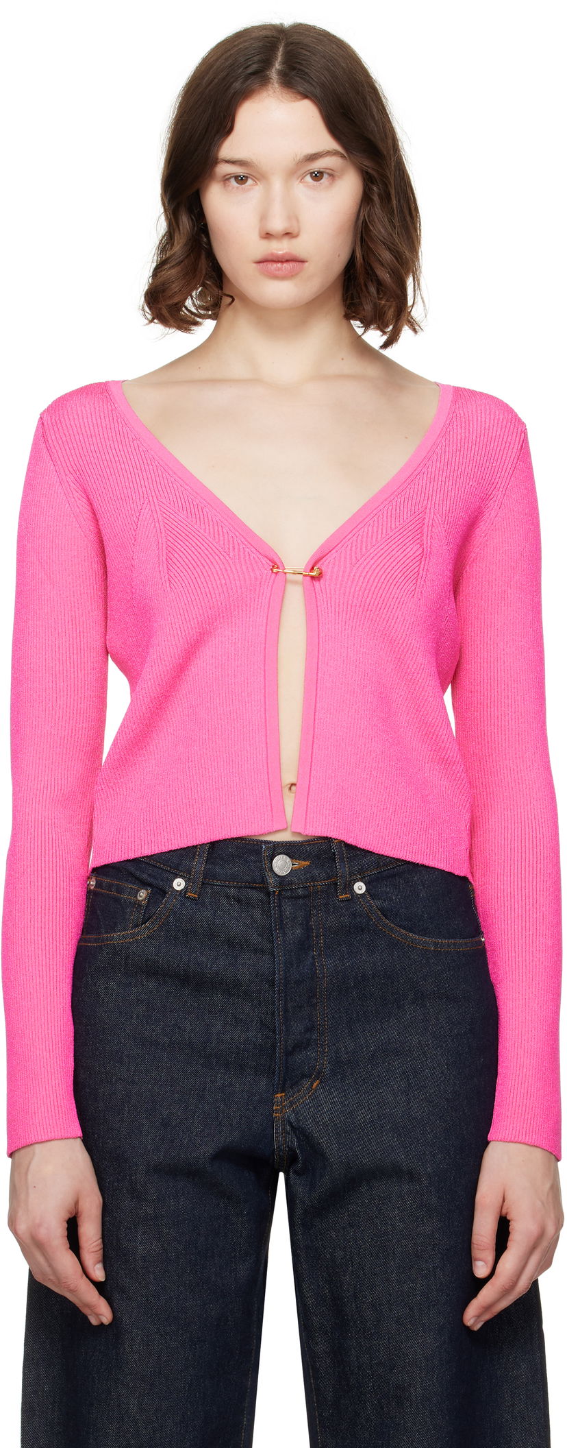 Sweater Versace Versace Safety Pin Ribbed Knit Cardigan Rosa | 1020887_1A12699